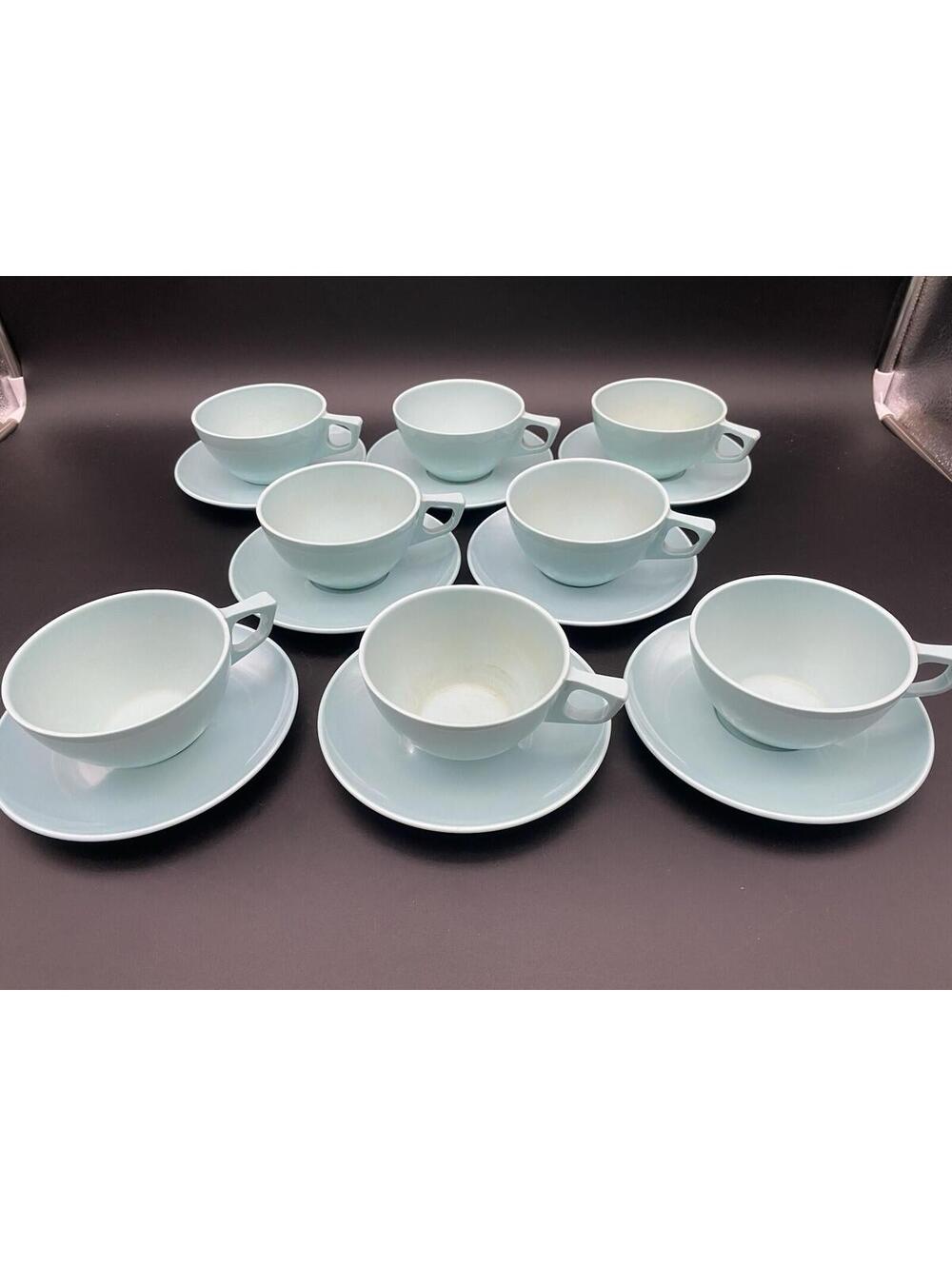 Stetson Melmac Dinnerware Set of 8 Light Blue Cups w/ Saucers - Tea or Coffee